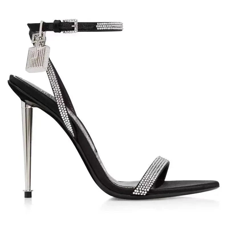 37 / Black Ubililia Unique Luxury fashion trend rhinestone Lock diamond ankle cross strap sandals high heels shoes for women Heels sandals
