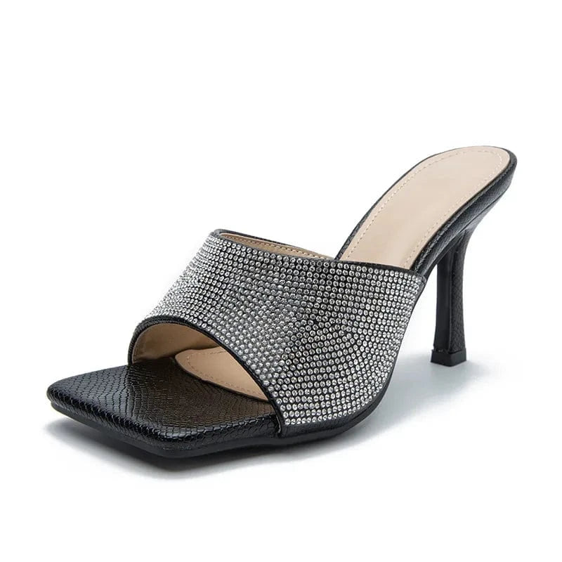 37 / Black Women Summer New High Heels Stilettos Square-toe Rhinestone Sexy Outside Sandal Slippers for Female