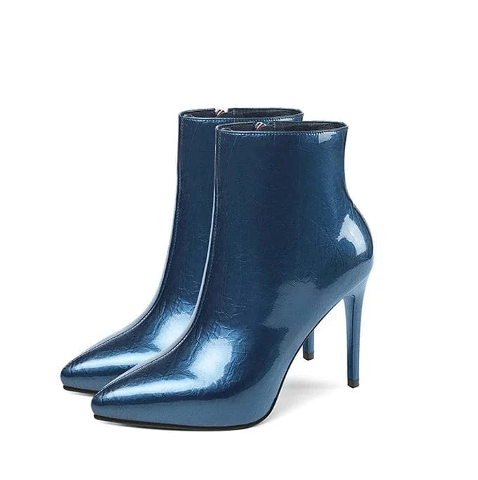 37 / Blue Autumn and winter new leather short boots women fashion pointed fashion boots thin and high cattle lacquer leather women's Boots