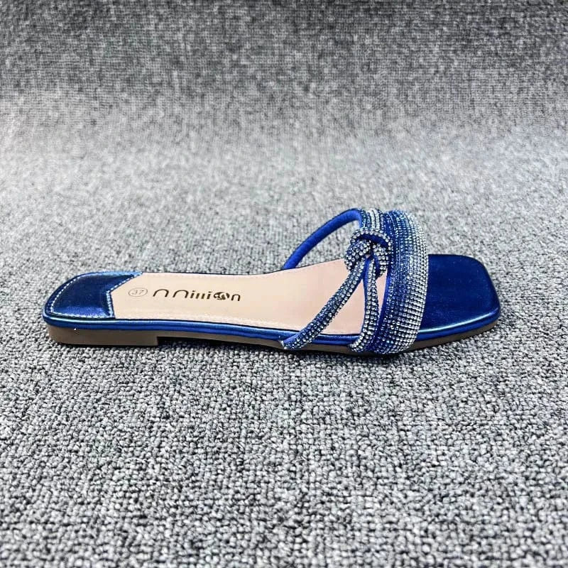 37 / Blue Dropshipping Custom Logo Summer Women`s Flat Beach Slippers Outdoor Comfortable Fashion Rhinestone Slides