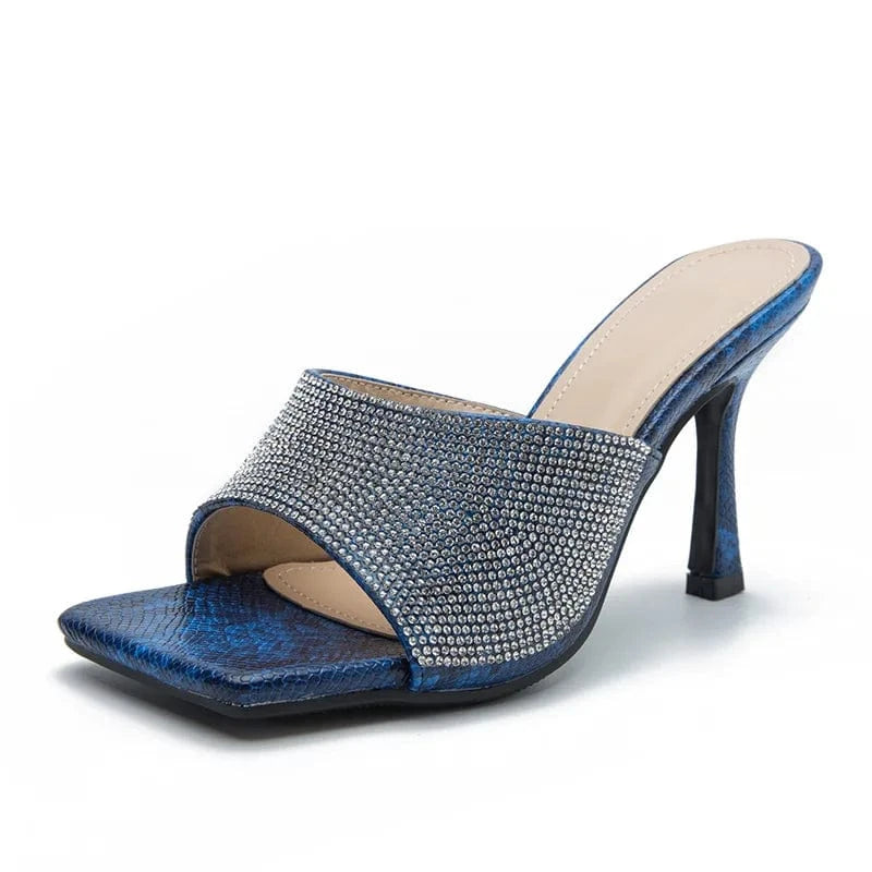 37 / Blue Women Summer New High Heels Stilettos Square-toe Rhinestone Sexy Outside Sandal Slippers for Female
