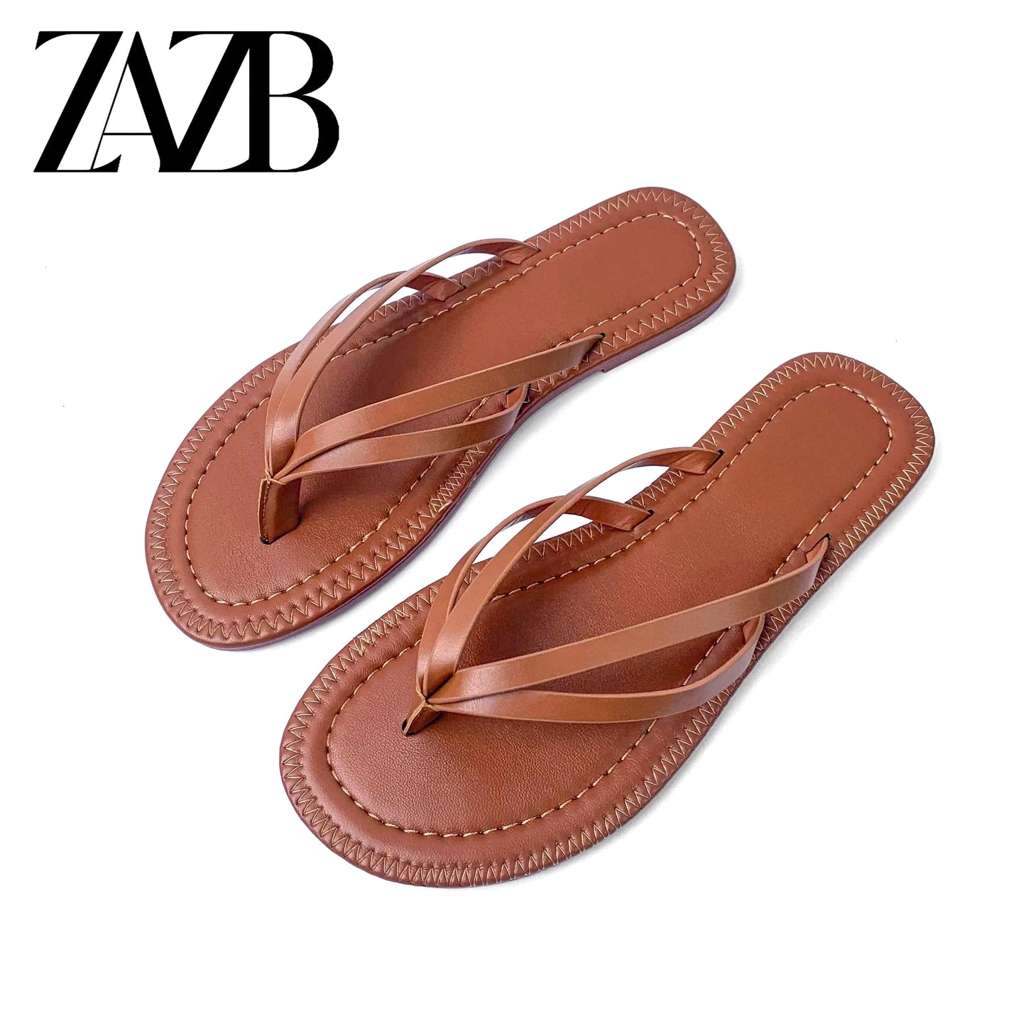 37 / Brown ZAZB brand customized leather brown herringbone slippers for women's luxury slippers for women