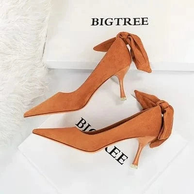 37 / camel Ladies Autumn High-Heeled Pumps Fashion Women's Shoes Stiletto Shallow Mouth Pointed Toe Back Butterfly-Knot Female Shoes