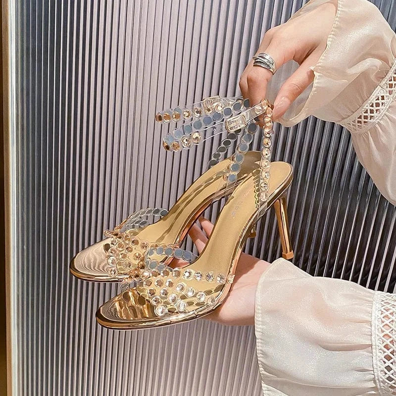 37 / champagne-6cm PDEP women heels 2023 luxury  High Quality rhinestone crystal heeled sandals summer ankle strap stiletto thin heels for ladies