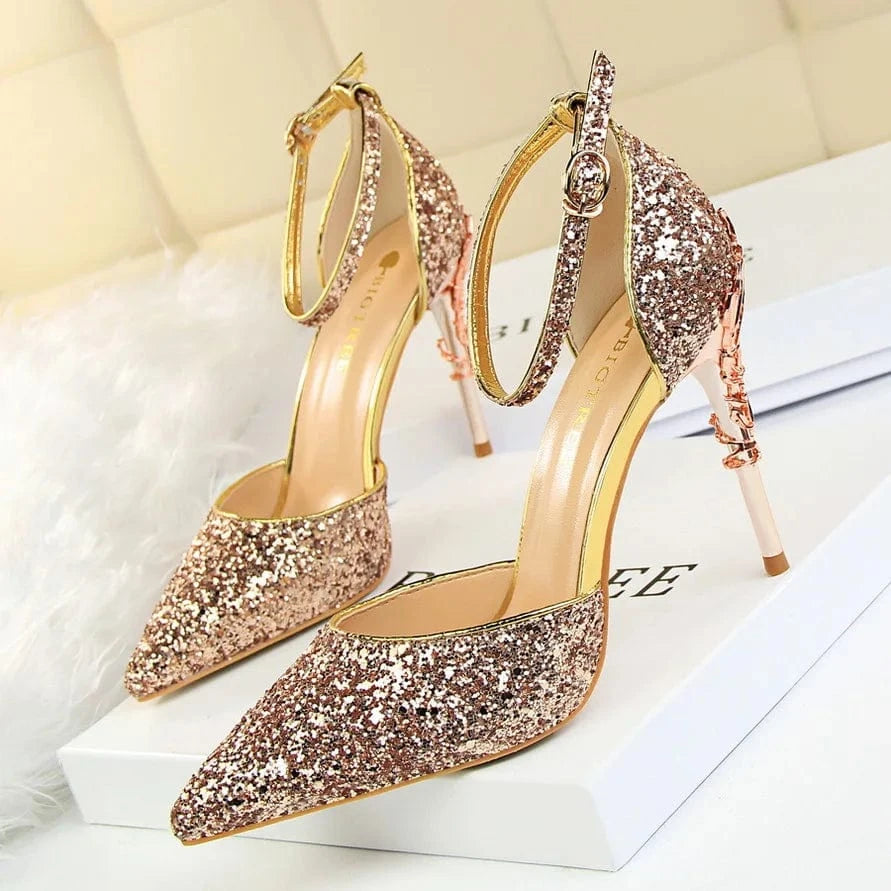 37 / Champagne-9.5cm 283-5 Luxurious Trendy Ladies Sandals Hollow Out Party Metal Heel Shiny Sequin Slip-On High Heel Sandals Wedding Shoes For Bride