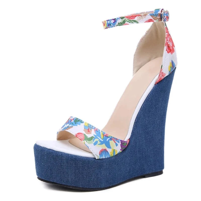 37 / Colour Fashion Leisure Designer Print Denim Sandals Woman Roman Peep Toe Platform Shoes wedges sandals high heeled sandals