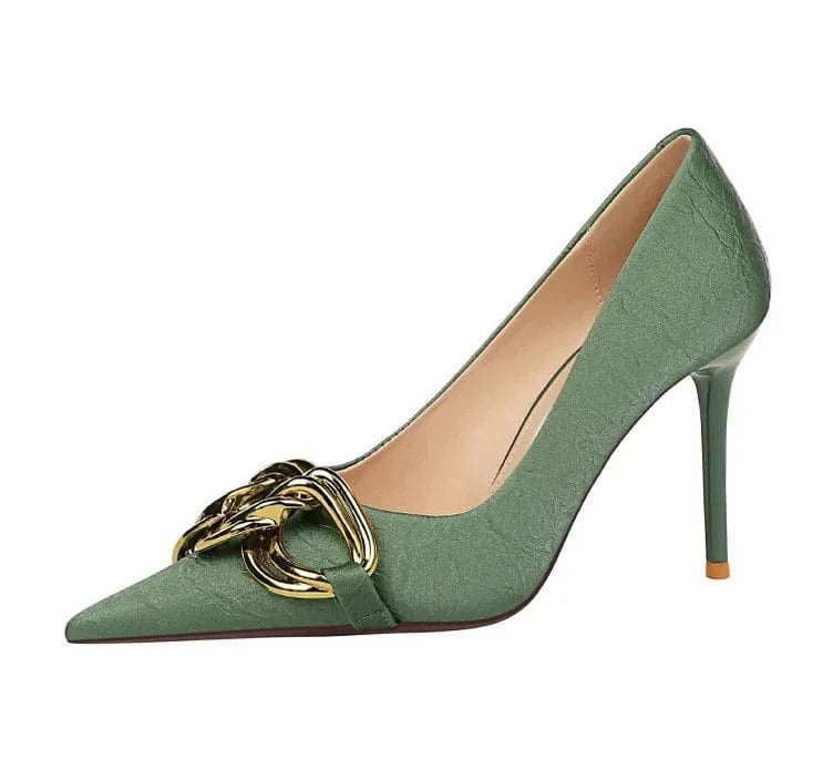 37 / green-9.5cm 7239-1 High Quality Trendy Sexy 9.5CM Super High Heels Shoes For Women Slip-On Golden Buckle Luxury Nude Heels For Ladies