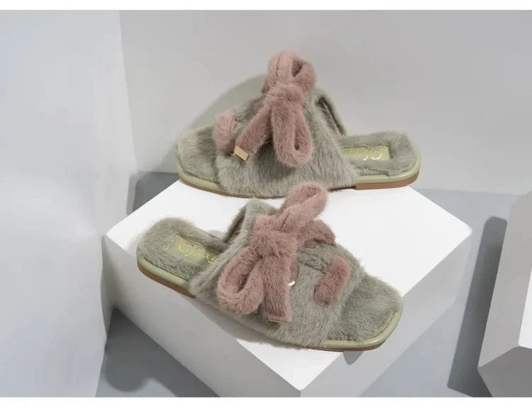 37 / Green Fashion Suede Bow Silk Ribbon Fuzzy Lady Shoes Soft Villus Outside Women Cotton Slippers