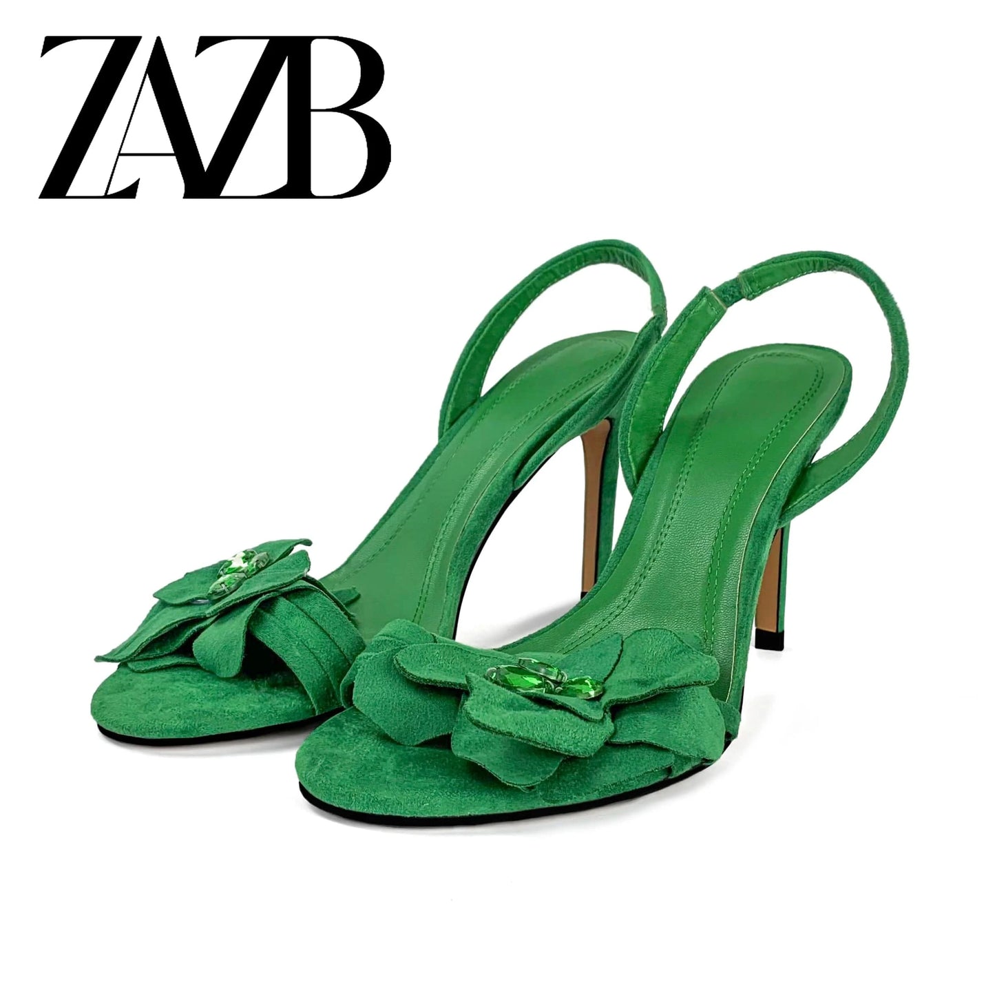 37 / Green ZAZB brand custom leather high heels shoes for women sandals rhinestone flower wedding bride ladies and chaussures pour femmes