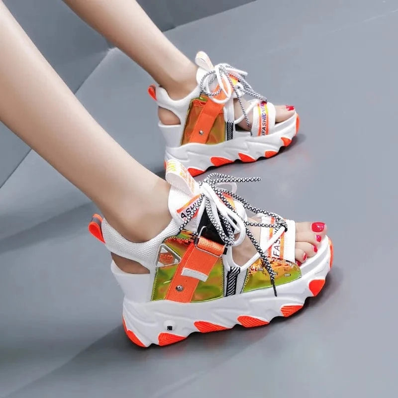 37 / Orange Ladies Platform Female peep toe Sport High Heeled Sandals Summer Beach Beautiful buckle strap Pu sponge cake sole Wedge Sandals