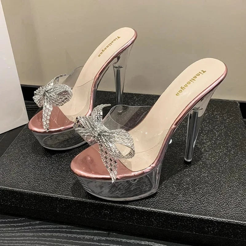 37 / Pink 13cm PDEP 2023 Summer Waterproof Platform Fashion platform Transparent thick Ultra High Heel Sandals Women's Slippers chunky mule