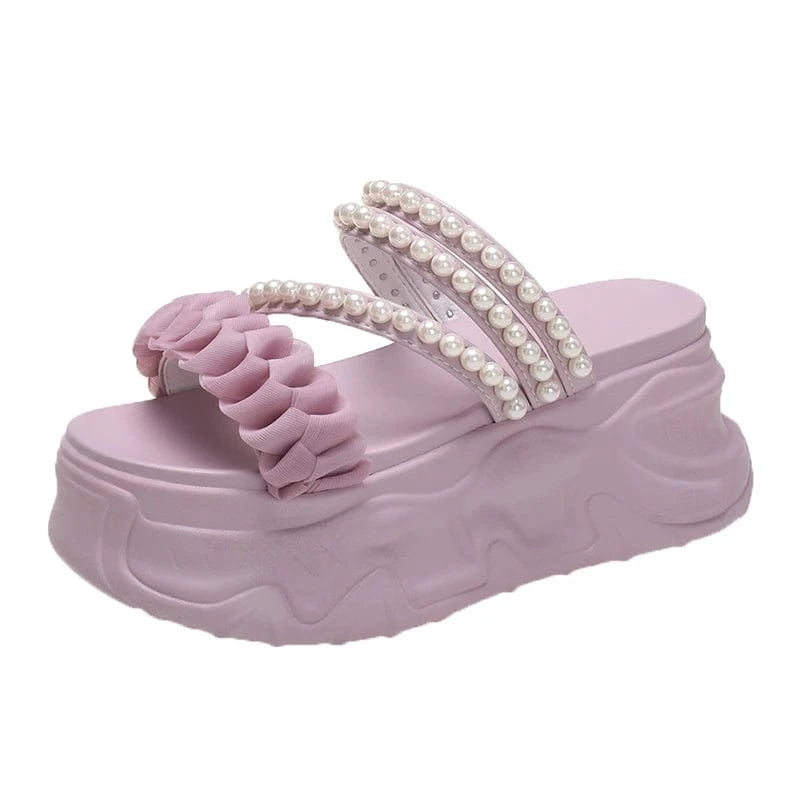 37 / Pink Dropshipping Custom Logo 2024 Women's Fashion Bohemian Roman Pearl Platform Sandals with EVA and PU Insoles