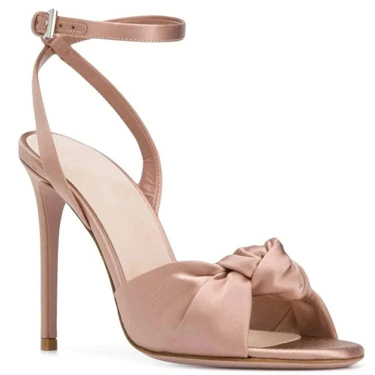 37 / Pink low price custom made satin fabric bow peep toe ankle strap super high heel dressing wedding party women heel sandals