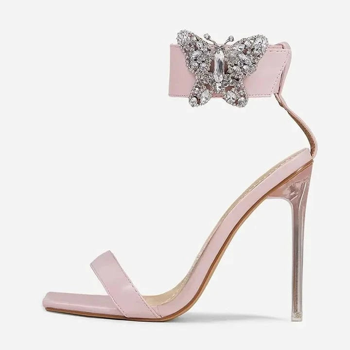 37 / Pink New Design Diamante Butterfly Detail Ankle Strap Square Open Toe Clear Perspex Heel In Black Faux Leather sandals