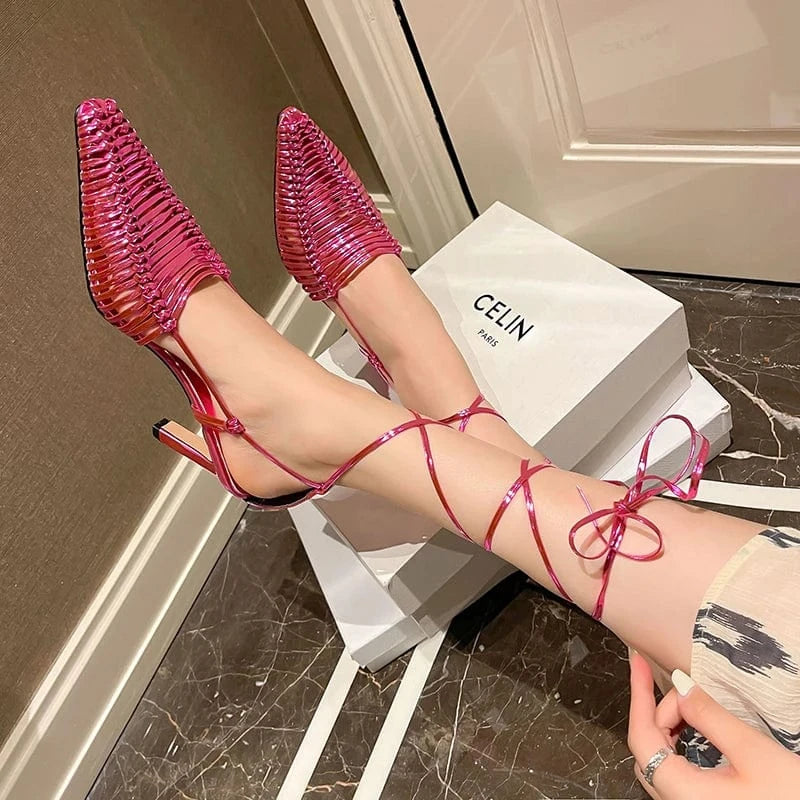 37 / Pink Ubililia Roman Style plait Lace Up Dress Sandals Women's Low Heels Knitting Cut braid Summer Custom weave strappy women Shoes