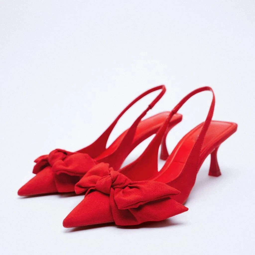 37 / Red ladies luxury formal Pointed head women high heel shoes wedding bridal designer famous brands bow office stiletto heels Sandal