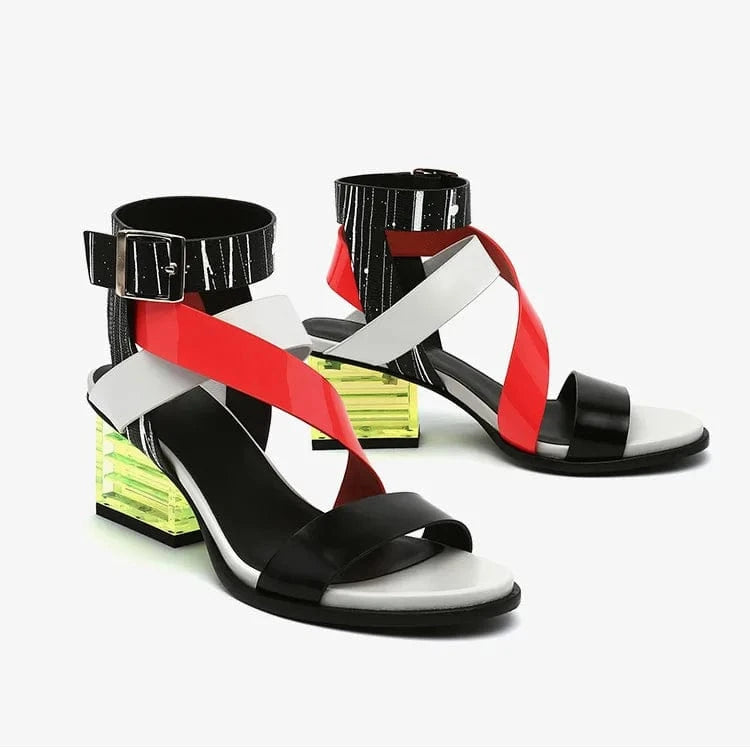 37 / Red Women Casual Sandals Fashion Color Patchwork Open-toe Shoes Side Hollow Out Ankle Strap High Heel Sandals Ladies Party Sandalias