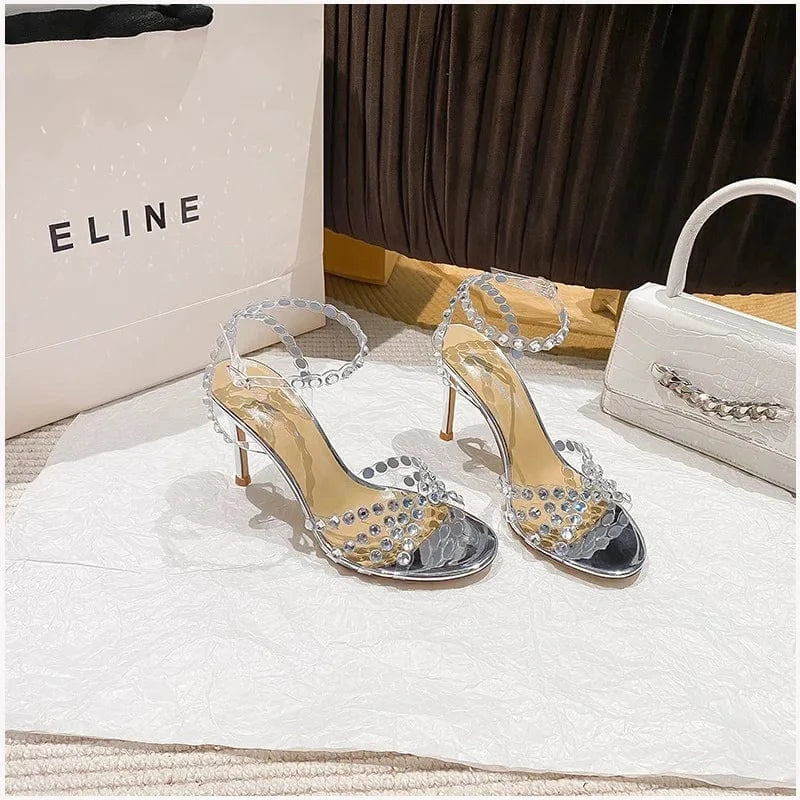 37 / silver-6cm PDEP women heels 2023 luxury  High Quality rhinestone crystal heeled sandals summer ankle strap stiletto thin heels for ladies