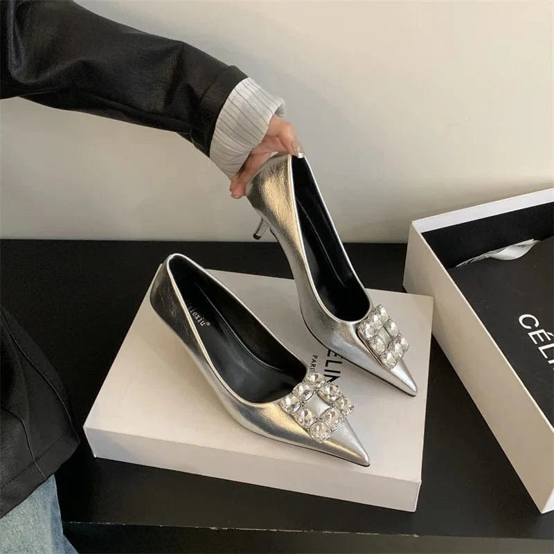 37 / silver Fashion hot-selling 2023 new four-season single shoes buckle stiletto pointed women's autumn shoes 35-39 size