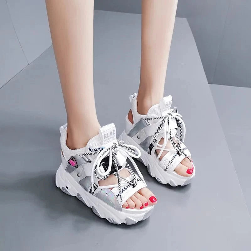 37 / silver Ladies Platform Female peep toe Sport High Heeled Sandals Summer Beach Beautiful buckle strap Pu sponge cake sole Wedge Sandals