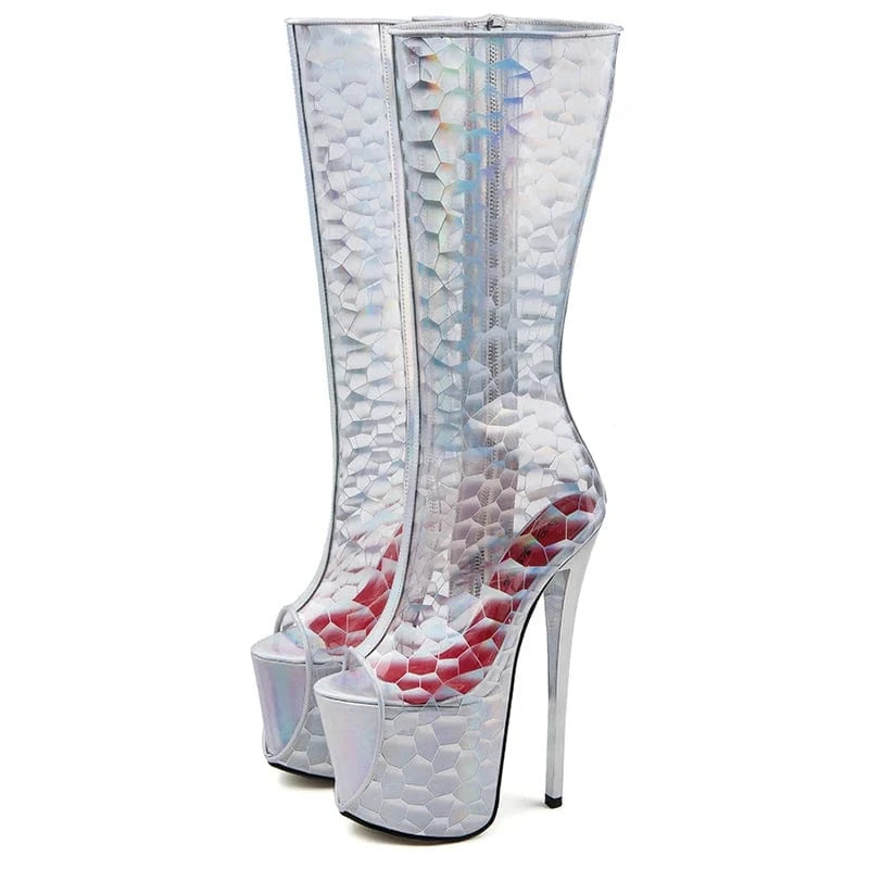 37 / silver Trendy peep toe  platform shoes women heels sexy zip-up short boots 20 cm ladies pole dance shoes women