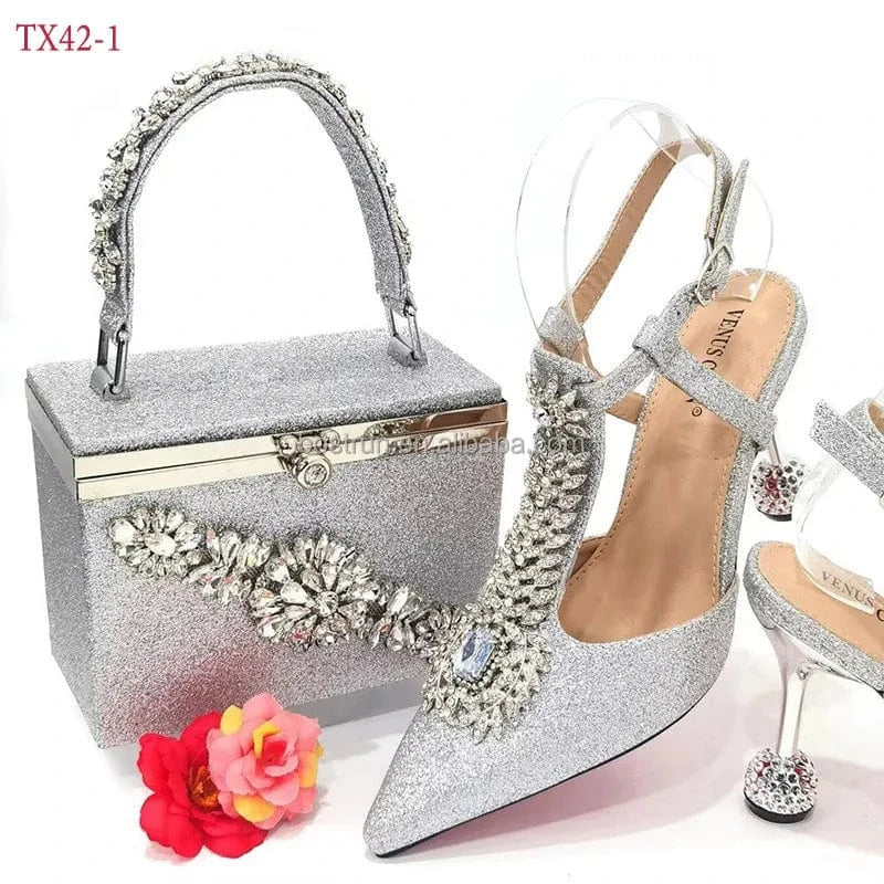 37 / silver TX42   Italian Shoes with Matching Bags for Wedding Italy Woman Italian Shoes and Bags Set Decorated with Rhinestone Party Shoes