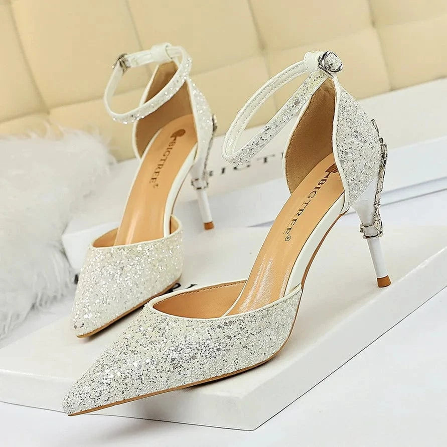 37 / White-7.5cm 283-5 Luxurious Trendy Ladies Sandals Hollow Out Party Metal Heel Shiny Sequin Slip-On High Heel Sandals Wedding Shoes For Bride