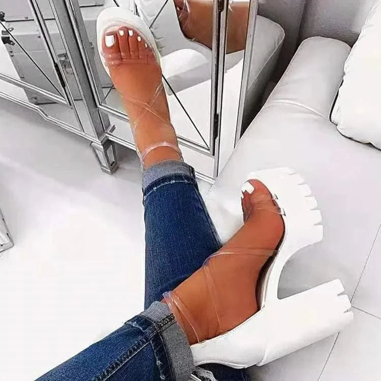 37 / White EVA material cross strap sexy Roman style Women Mid-heel sole PVC material fashion Female square thick  sandals