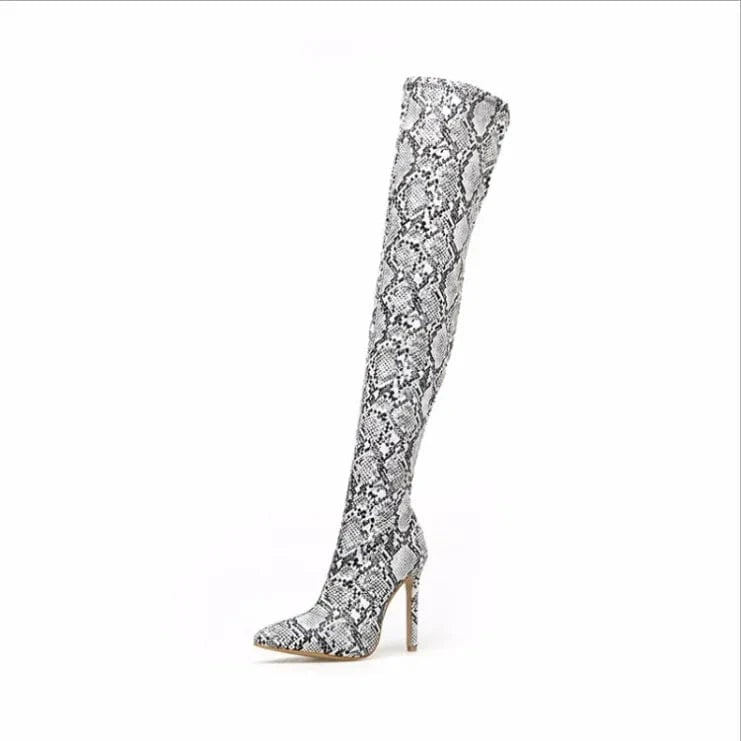 37 / White New arrival last design snake print pointed toe stiletto high fashion heels over the knee high boots zip sexy women high quality
