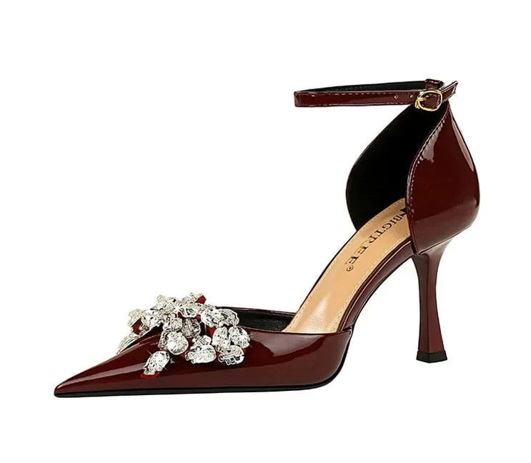 37 / Wine Red Chaussures Femme Fashion Rhinestone Bowknot Decor Wrap-toe Shoes Ankle Strap Hollow Out High Heel Sandals Ladies Banquet Sandals