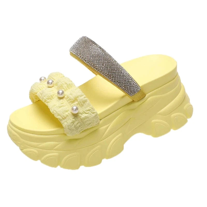 37 / Yellow Dropshipping Custom Logo Pearl Design Women's Wedges Sandals Casual Comfortable Chunky Platform Slides Slippers