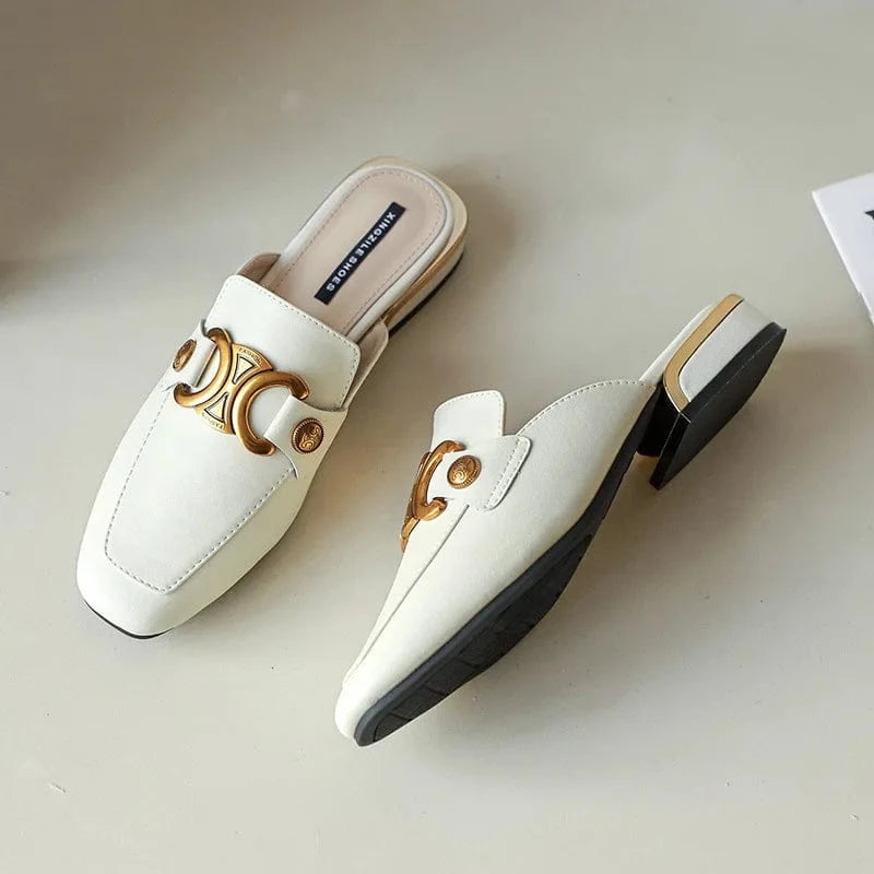 38 / Beige Genuine Leather Mule Shoes Square-toe Buckle Women Block Heel Outside Sandal Slippers