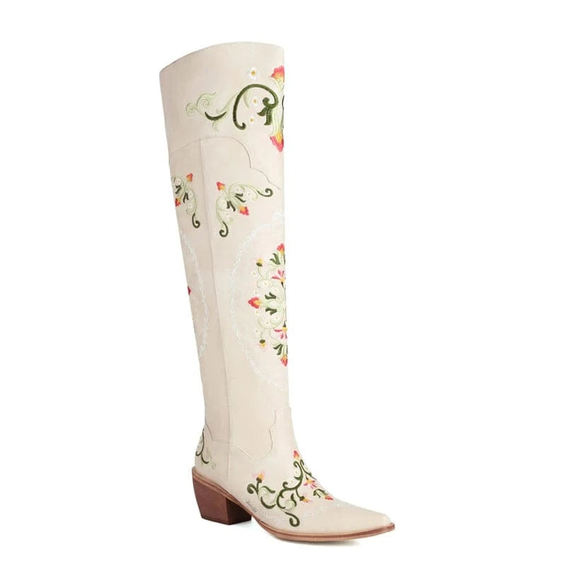 38 / Beige Women Floral Embroidered Over Knee High Boots Ladies Low 6cm Wedge Heels Shoes Pointed toe Flower Long Booties