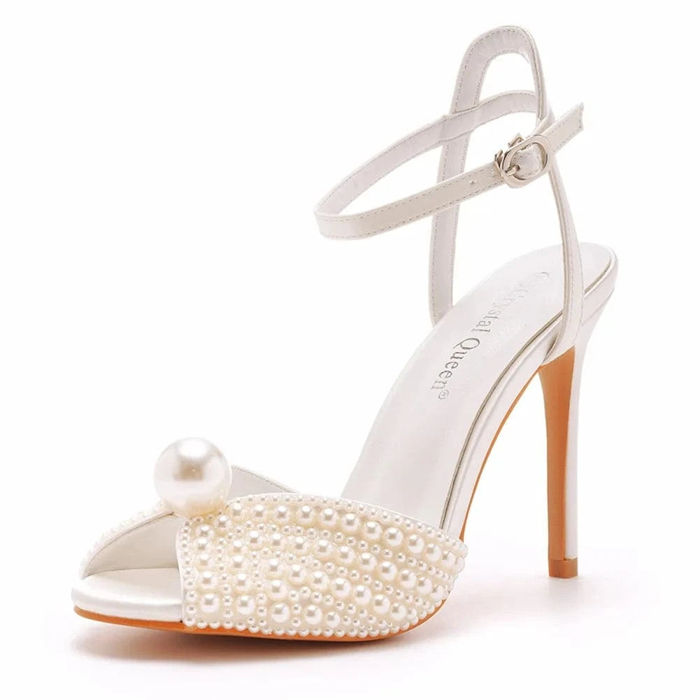 38 / Beige Women Wedding Shoes Elegant Pearls Decor Round-toe Shoes Ankle Strap Large Size High Heels Sandals Ladies Banquet Bridal Sandals