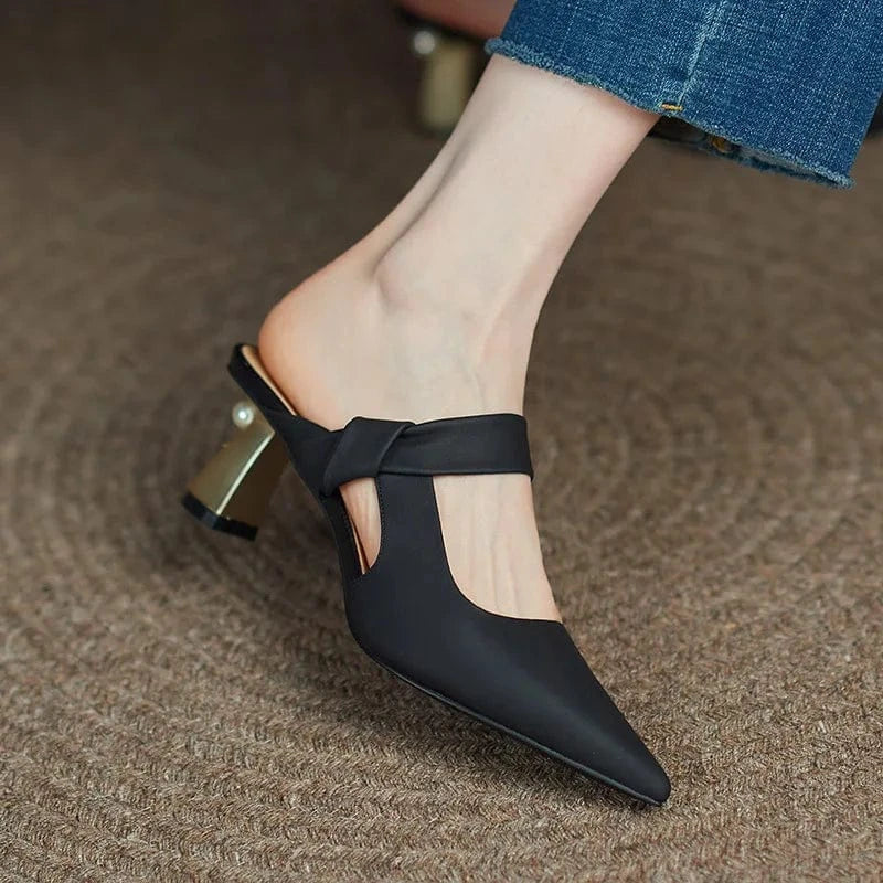 38 / Black 2022 New Female Summer Autumn Block Heels Women Pointed-toe Hollow Out Sandals Outside Office Ladies Dress Mules