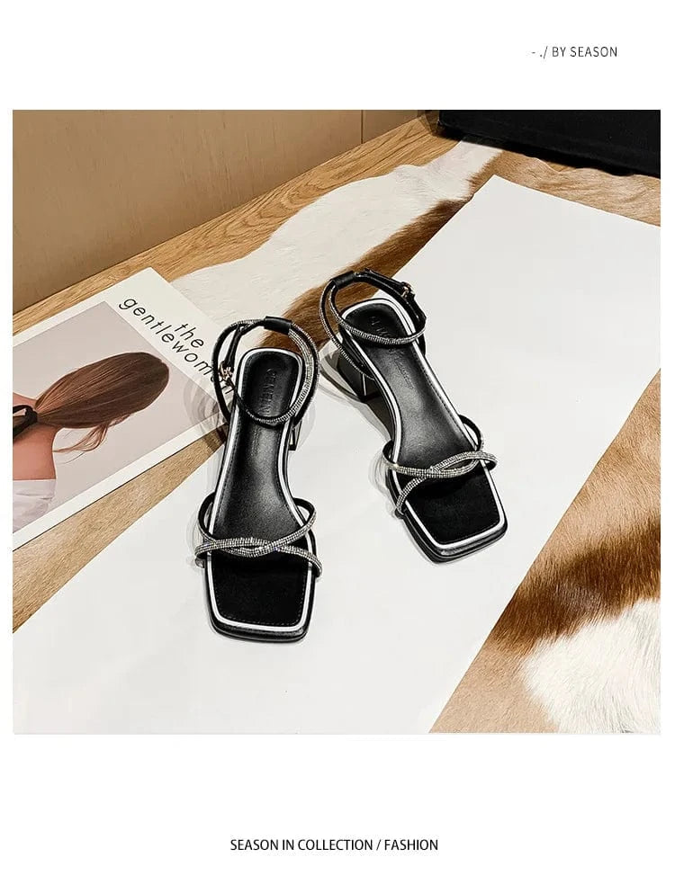 38 / Black 2022 Summer Sexy One-word Buckle Mid Heel Shoes Fairy Style Women Rhinestone Sandal Block Heel