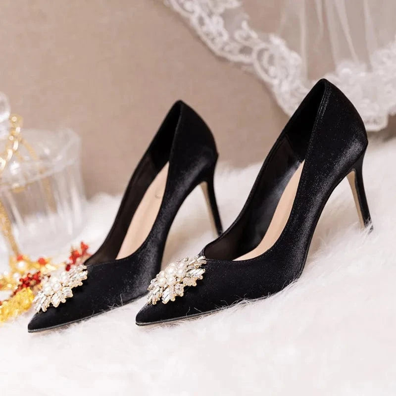 38 / Black(7cm)` Female New Point toe Shallow High Heels Blossom Pearls Pumps Shoes for Women Wedding Dress Mujer Heeled Sandals