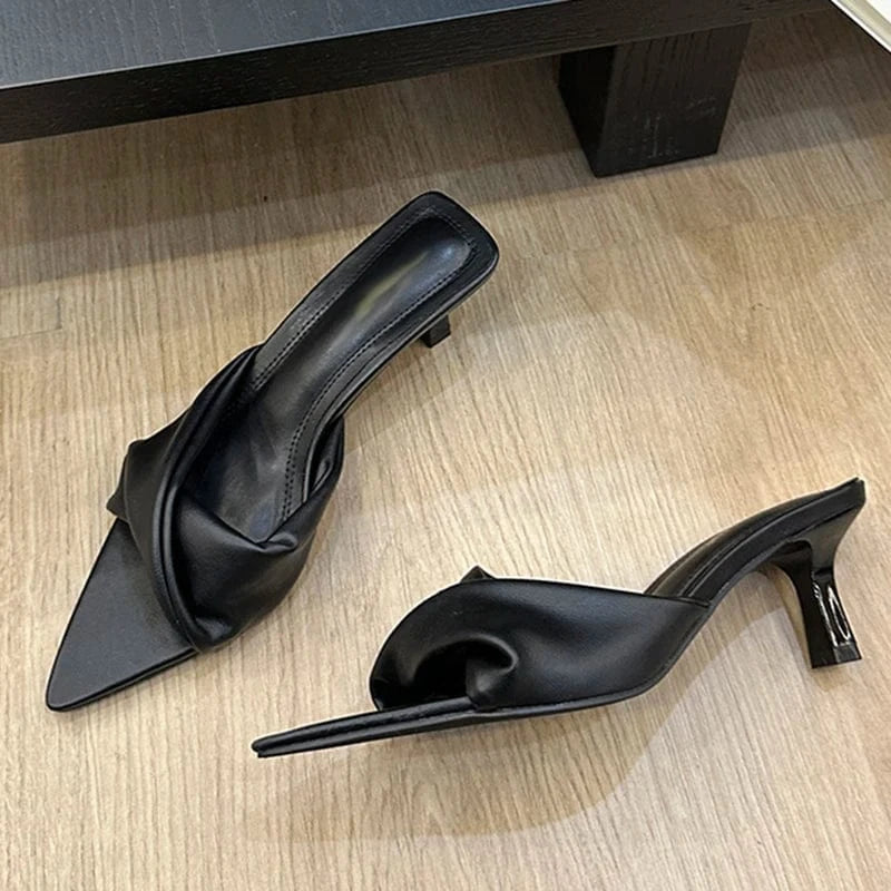 38 / Black Aneikeh Black Pleated Denim Peep Toe Shallow String Bead Square Heel Slip-On Concise Sandals Women Shoes Spring/Autumn NEW 2024