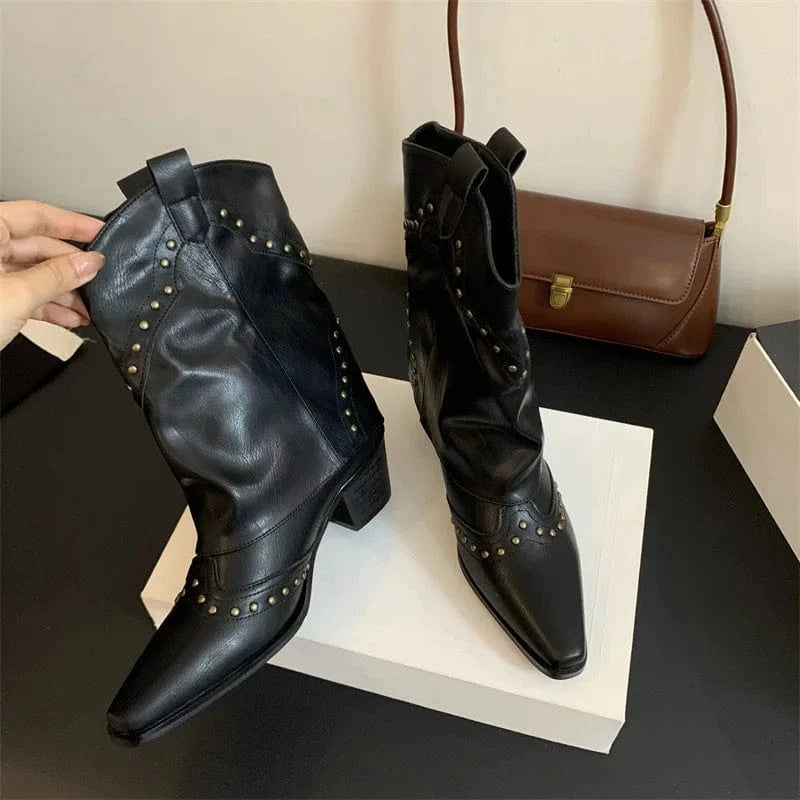 38 / Black Autumn Footwear Western Fashion Rivet Women Chelsea Ankle Boots 2024 Slip-On Female Pointed Toe Ladies Short Booties Heels Shoes