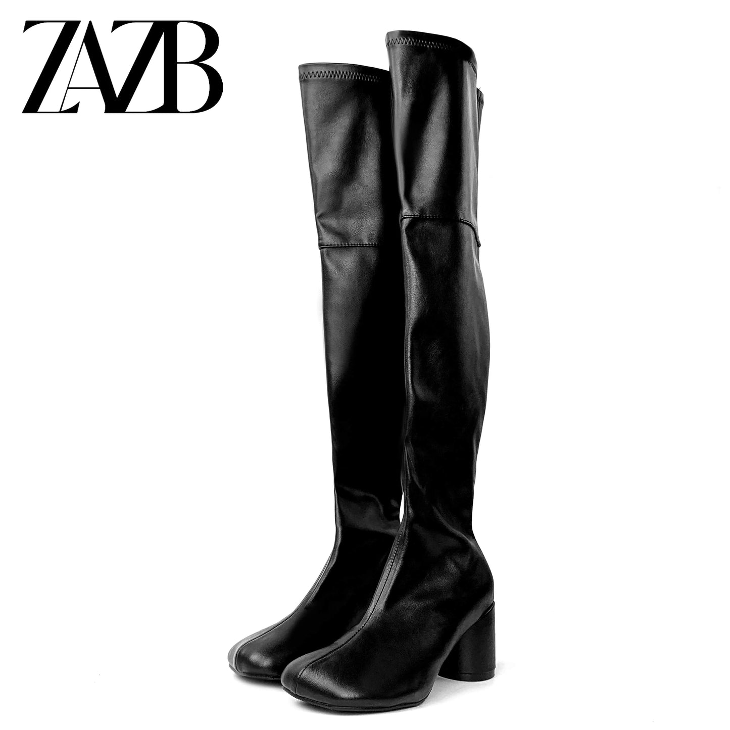 38 / Black Big sexy booty Winter Autumn women's thigh high boots Square head chunky Thick heel zipper white knee leather ladies shoes