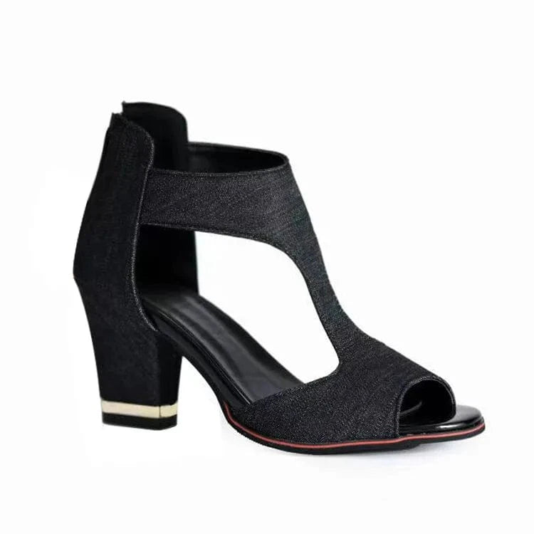 38 / black denim 34-39 Fish billed high heels thick heeled sandals Thick bottom sexy back zipper hollow out cool boots  Heeled sandals|lace up