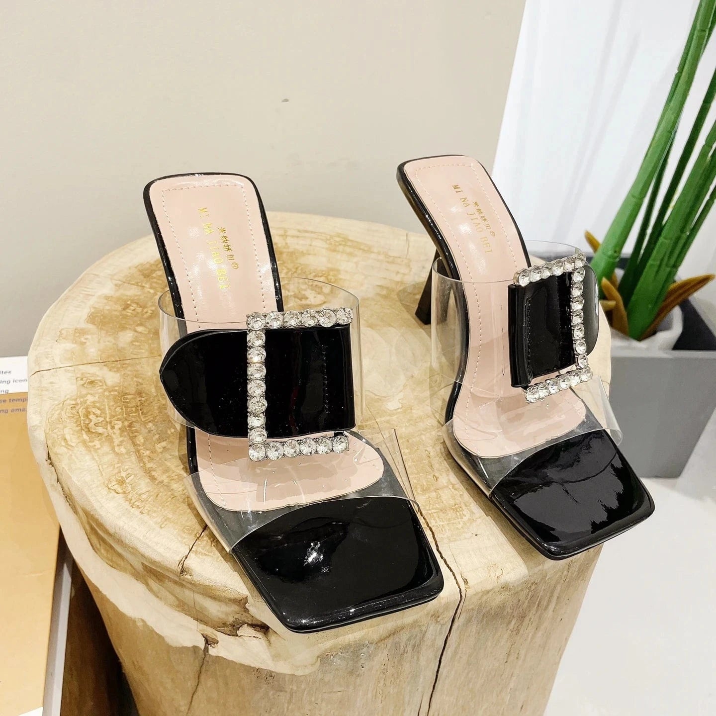 38 / Black French design stiletto sandals women's 2023 summer new rhinestone square buckle outer wear transparent flip-flops high heels