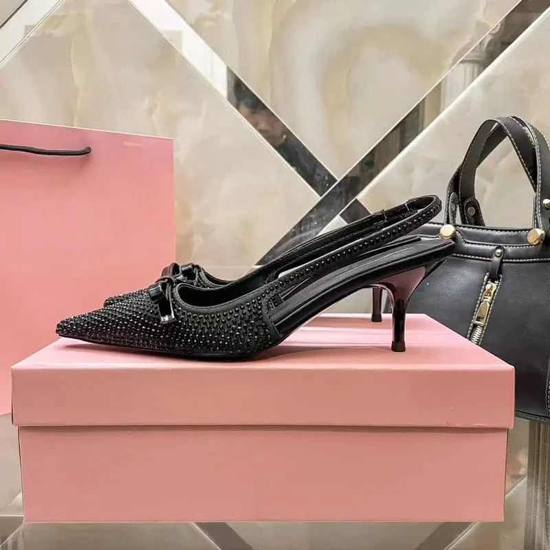 38 / Black High quality girl bow knot sexy high heel sandals summer brand designer black rhinestone high heels designer womens shoes