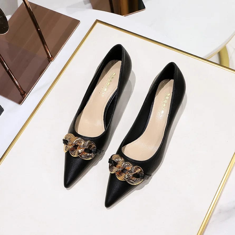 38 / Black Korean Style Spring Autumn Women Low Heels Pointed-toe Shallow Chain Female Stilettos Outside Office Ladies Dress Shoes