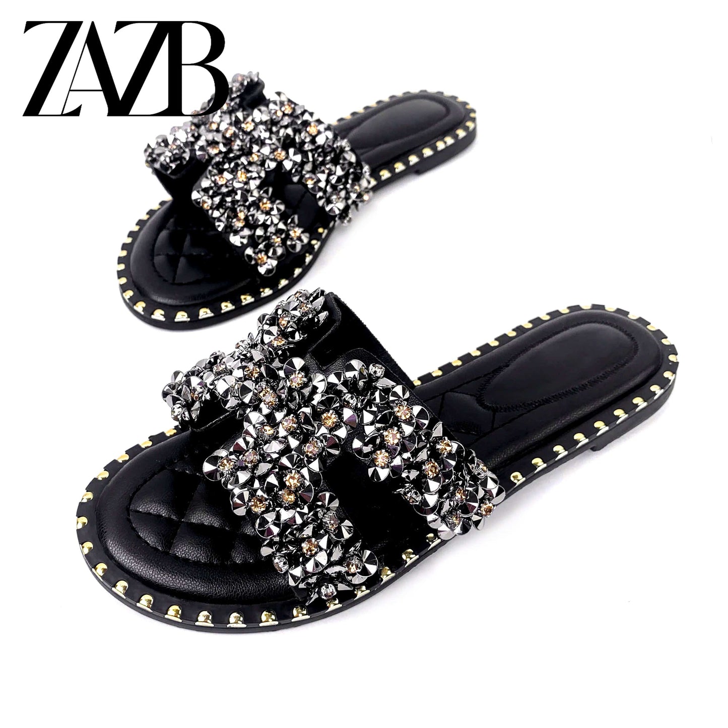 38 / Black new wholesale Design Summer square head leather European and American Open Toe Flat Shoes Black womens slippers sandals