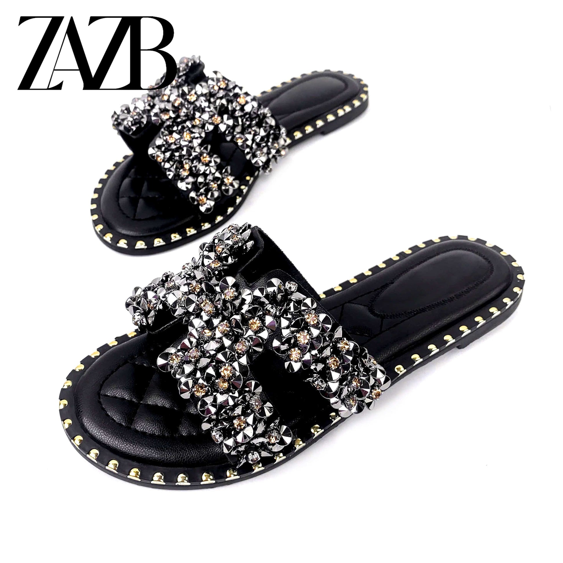 38 / Black new wholesale Design Summer square head leather European and American Open Toe Flat Shoes Black womens slippers sandals