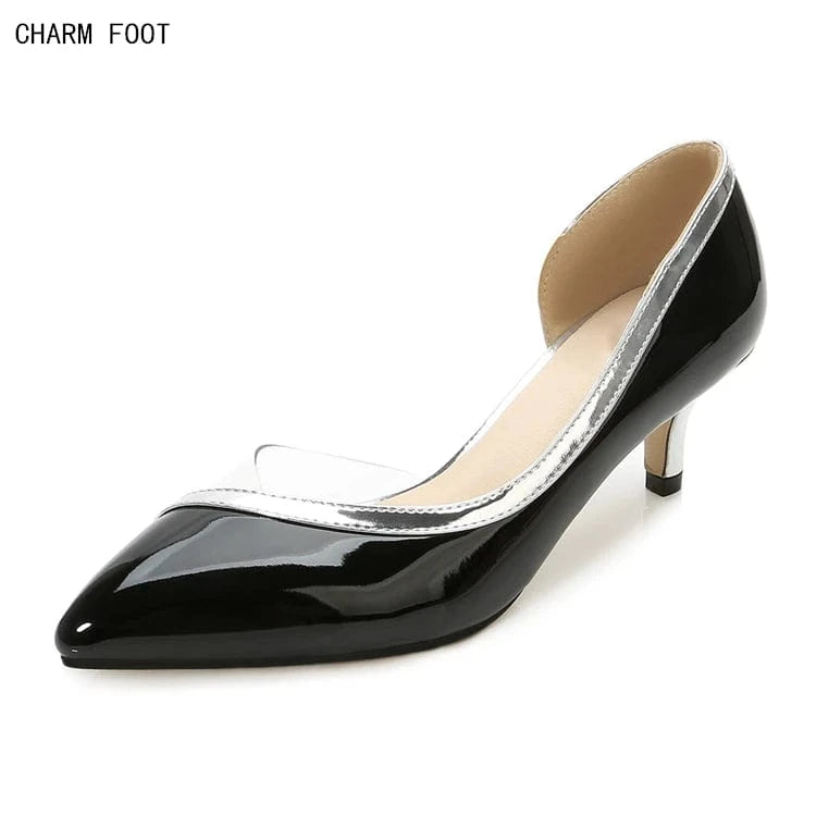 38 / Black Patent leather with PVC stitching ladies heels