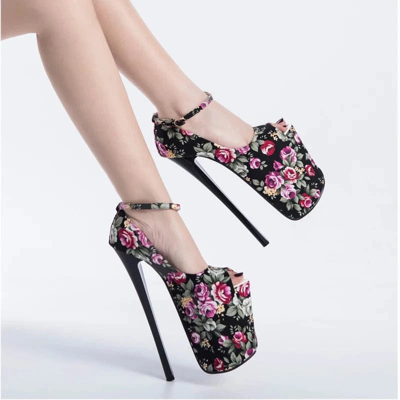 38 / Black Trendy Flower 22 CM Heels Ankle Strap Platform Shoes Women Heels Sexy Peep-toe Sandals Stiletto Pumps