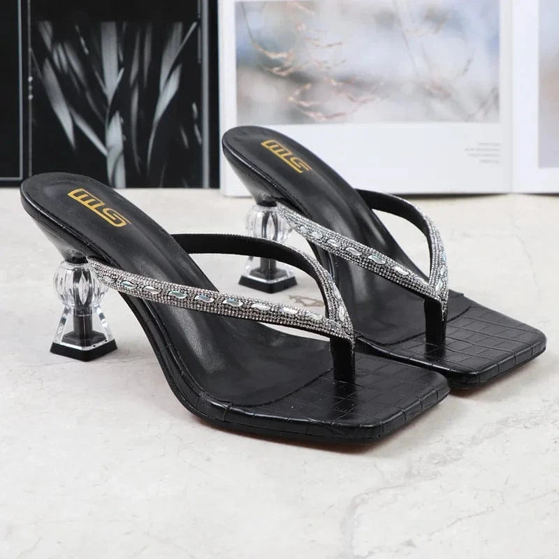 38 / Black Women Summer Casual Transparent Block Heels Rhinestone Flip Flops Heeled Sandals