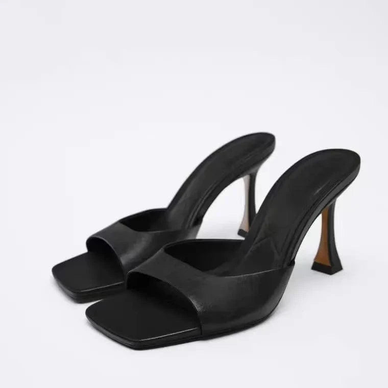 38 / Black. Women Summer Hot Sale Solid Color Slippers Ladies Square Toe High Heeled Sandals